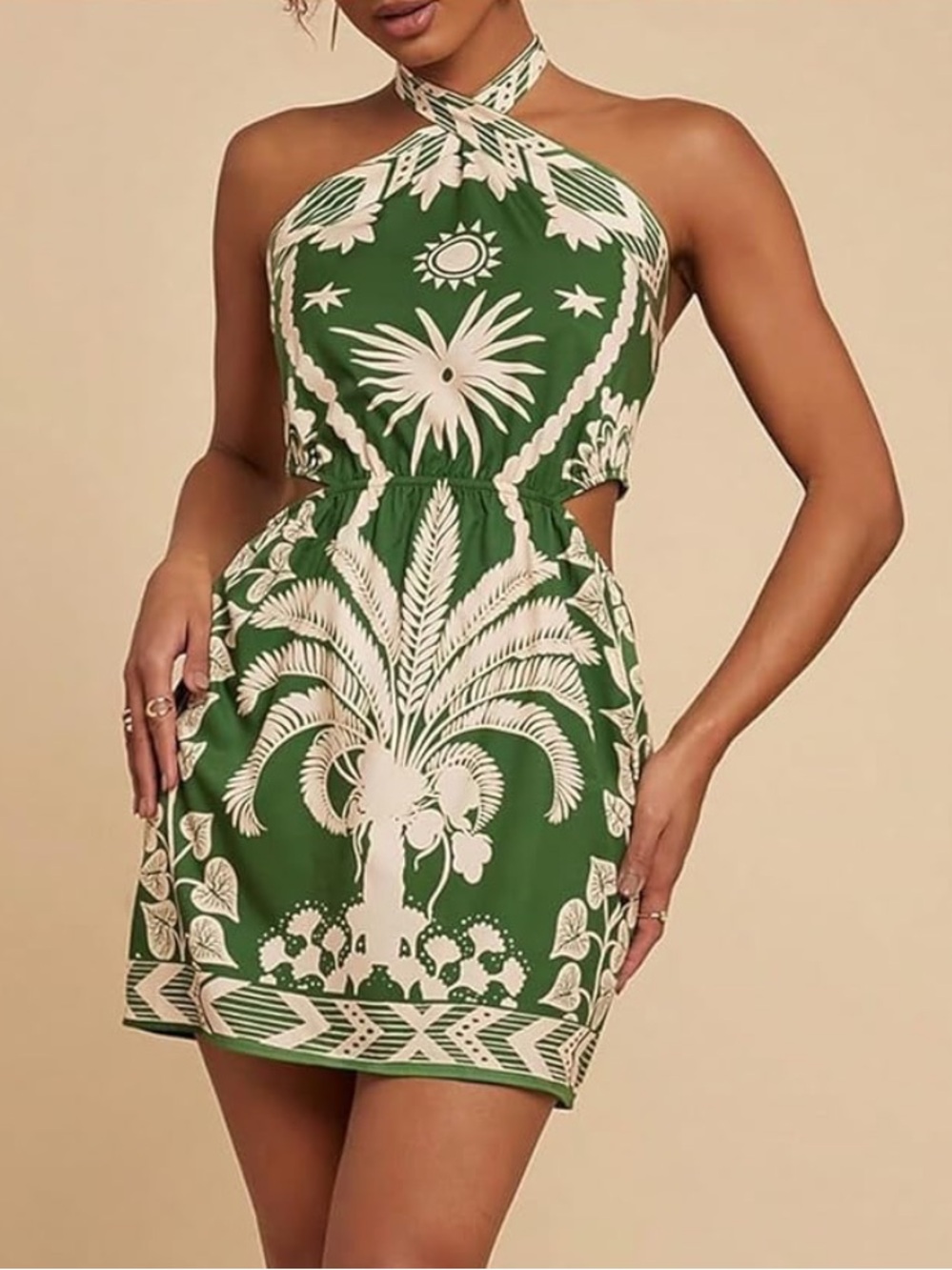 Green Printed Halter Mini Dress- XS
